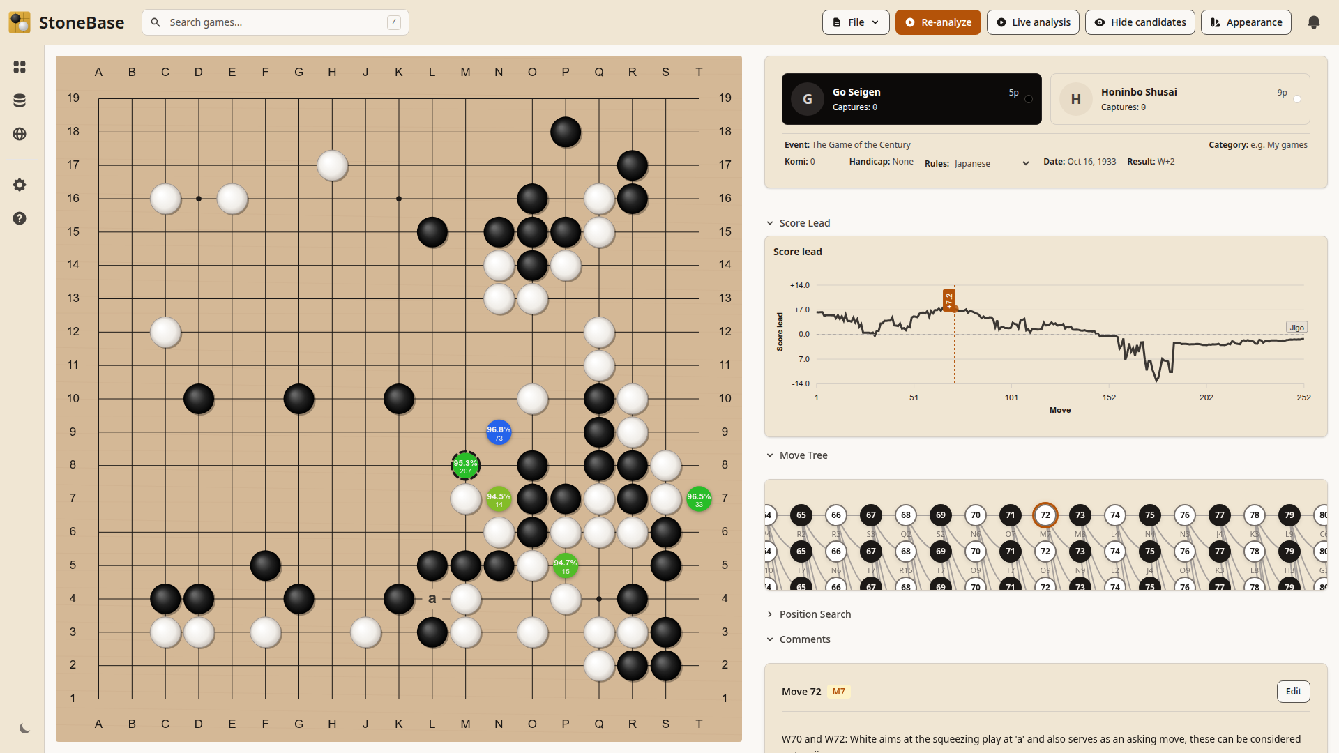 StoneBase mit einer Mittelspiel-Stellung, Punktevorsprung-Grafik und Zugbaum